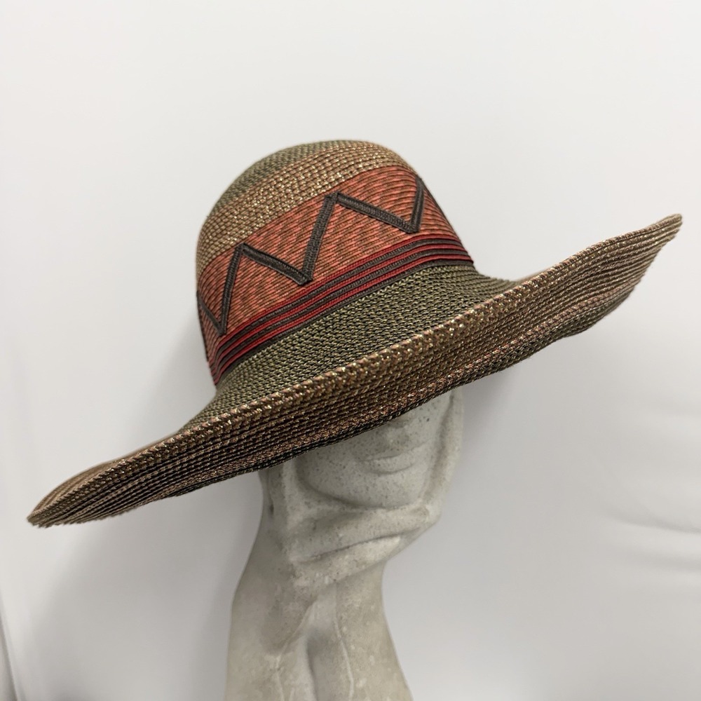 Vintage Eric Javits Straw Hat Southwestern Design Style Wide Brim